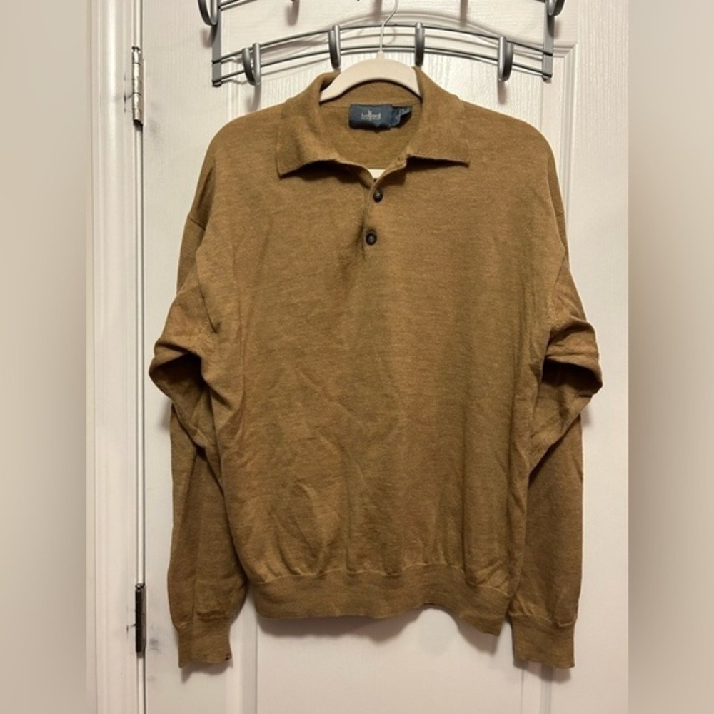 Vintage Belford Mens XL 100% Extra Fine Merino Wool Sweater Camel Brown